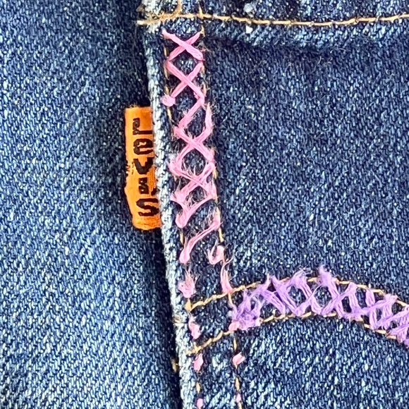 Vintage 70s Levis Bell Bottom Flared Orange Tab Patch Embroidered Jeans - Picture 11 of 13